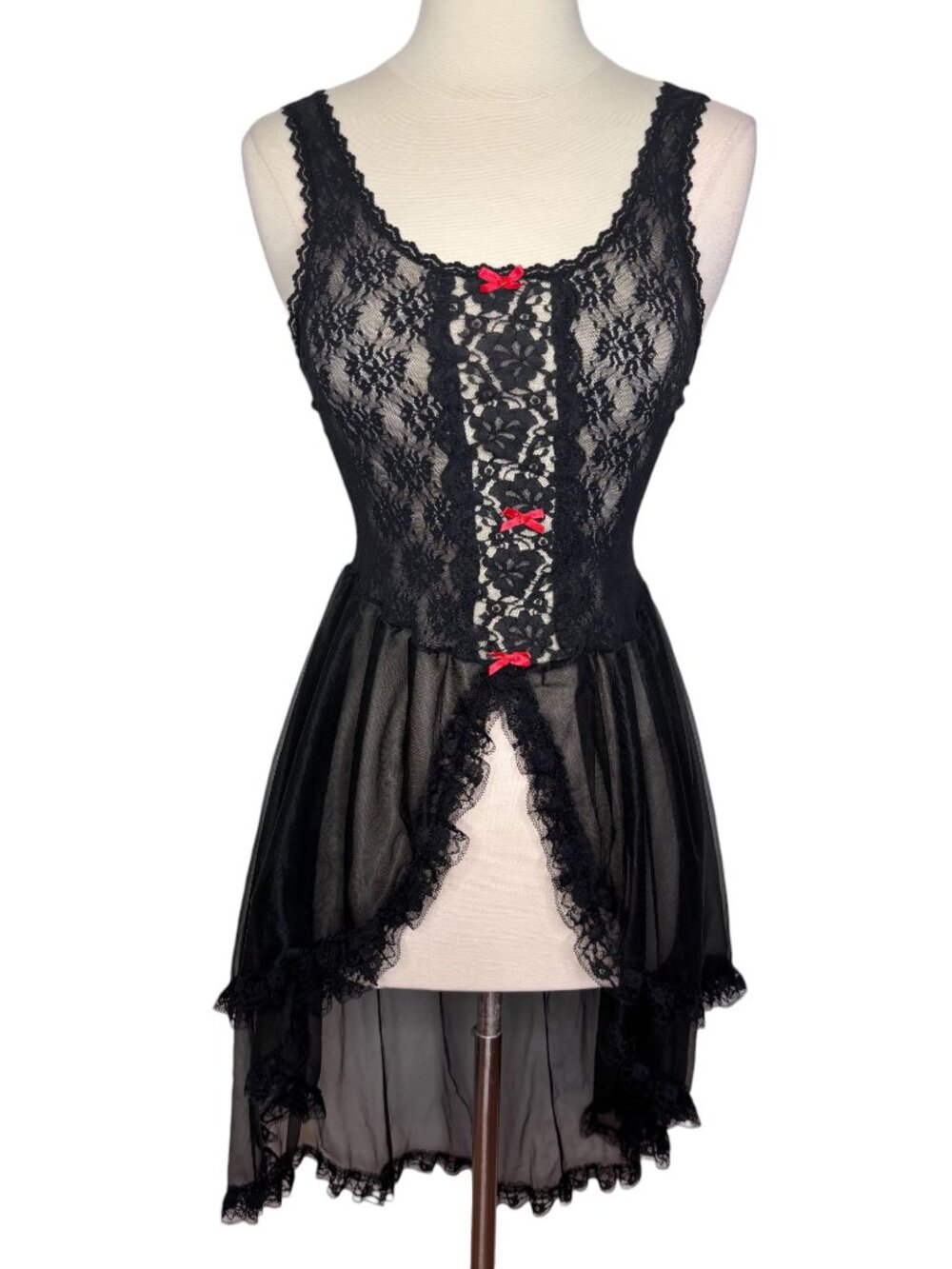 Vintage Stroke of Midnight Black Sheer Lace Goth Red Bows Lingerie Size Medium